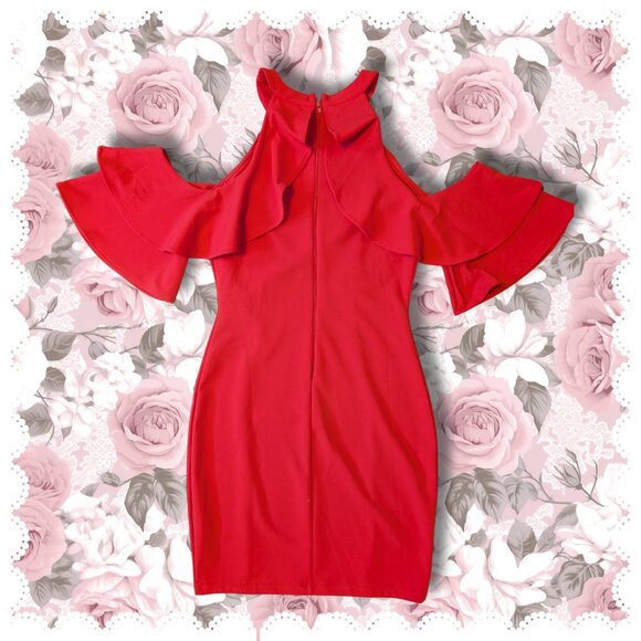 Symphony, Halter Open Shoulder Ruffle Sleeve Red Cocktail/Bodycon Dress, Sz S - Picture 3 of 4